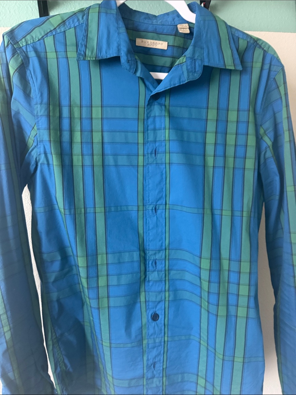 Burberry Blue and Green Plaid Button-Down Shirt
